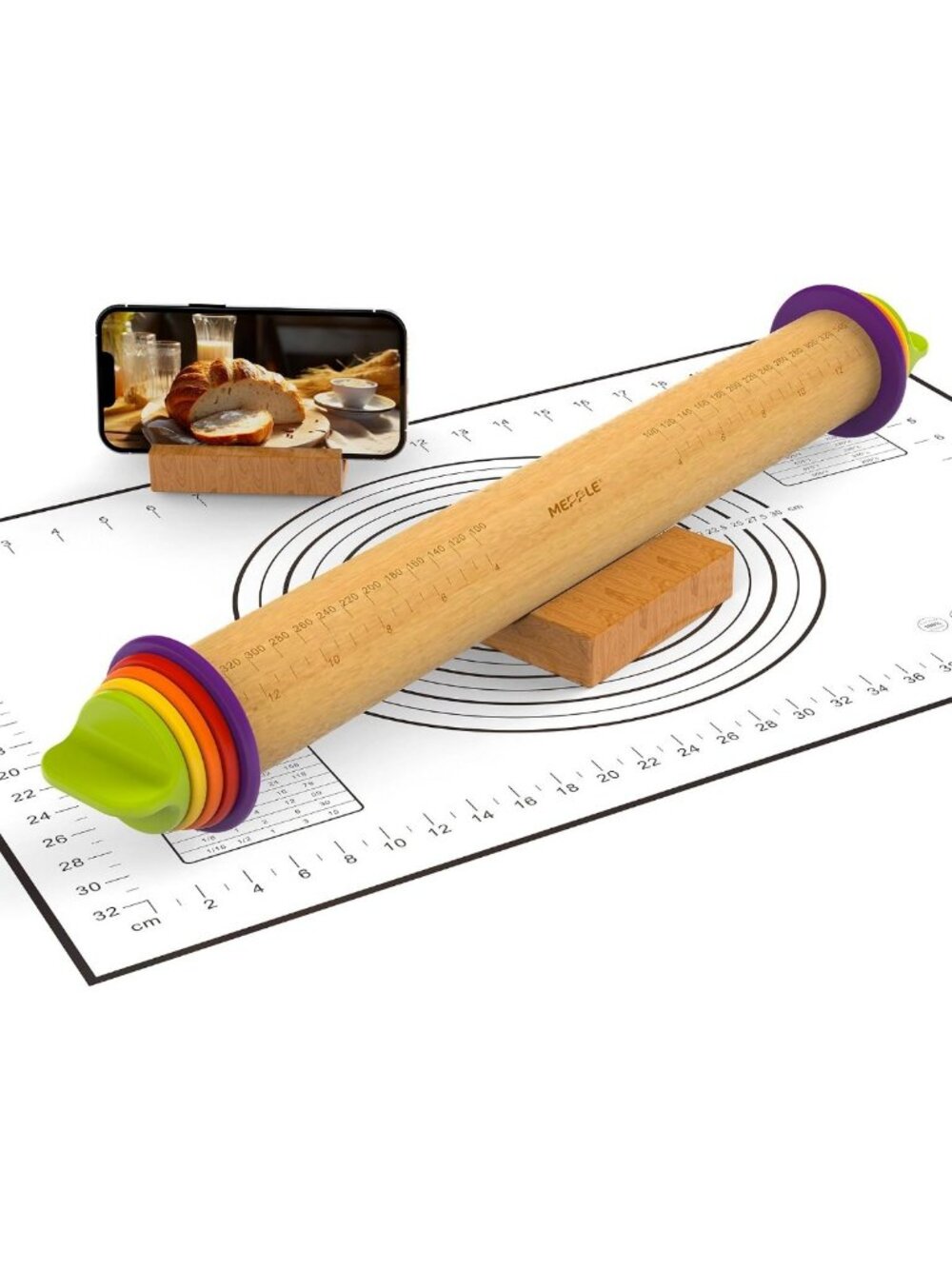 Adjustable Rolling Pin Set with Mat & Stand - 13.6" Dough Roller for Baking